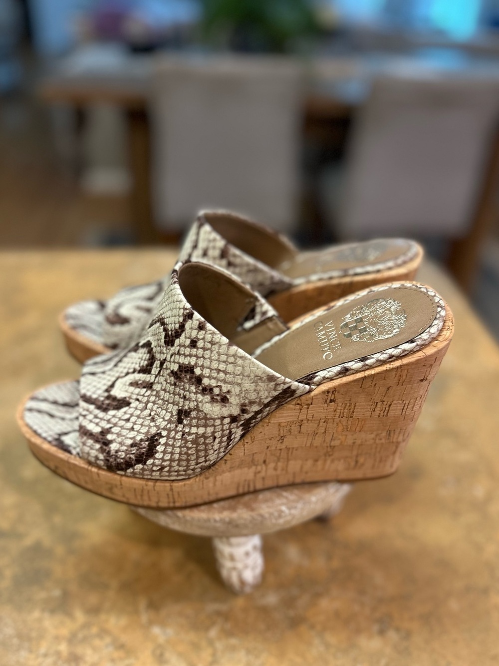 Vince Camuto Chaison Platform Wedge Slide Snakeskin Print in Brown and Cream - Picture 4 of 8
